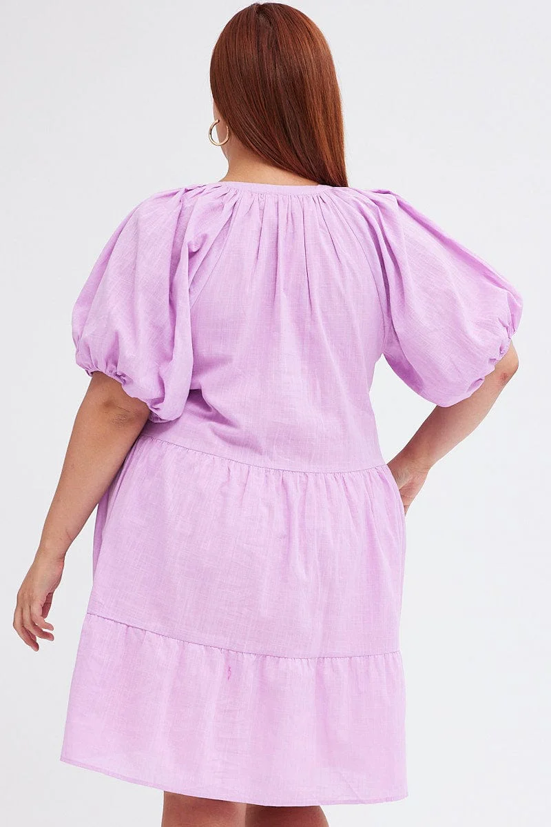 Purple Mini Dress Easy Shirt Collar Half Sleeve - Image 3