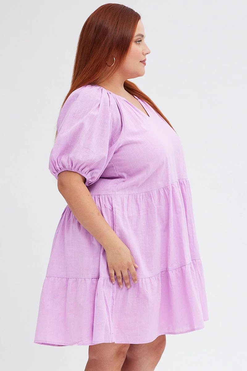 Purple Mini Dress Easy Shirt Collar Half Sleeve - Image 4