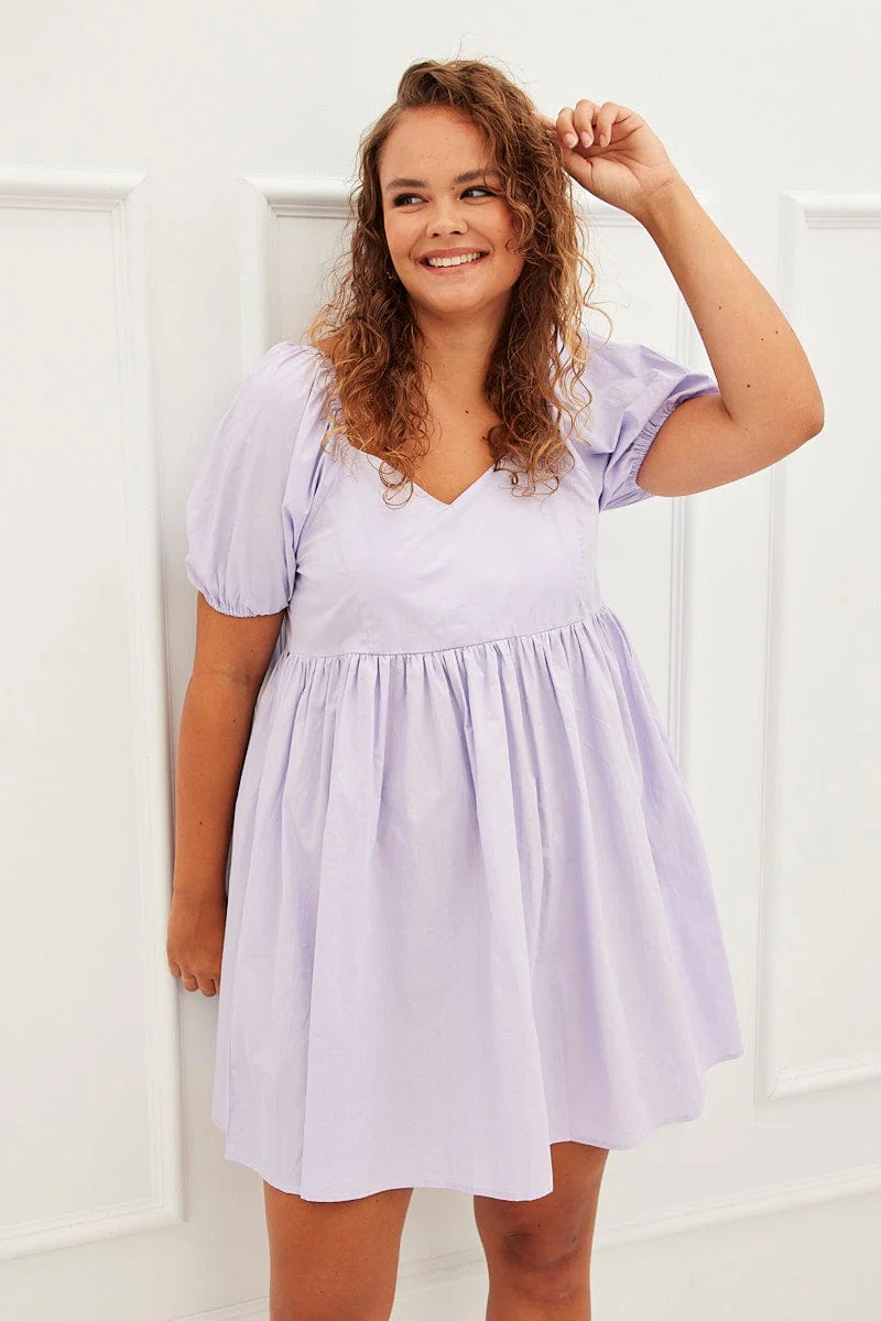 Purple Mini Dress Sweetheart Neck Puff Sleeve Party - Image 3