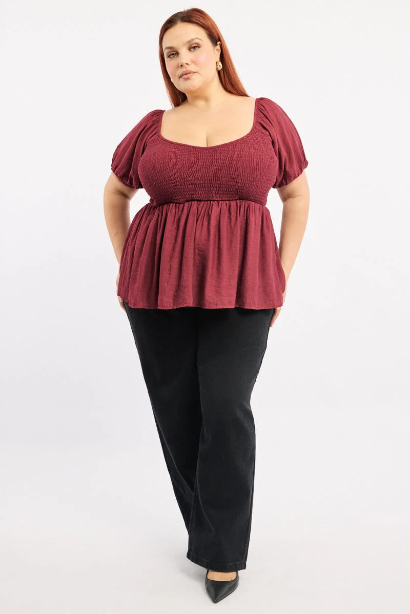 Purple Peplum Top Short Sleeve Shirred - Image 2