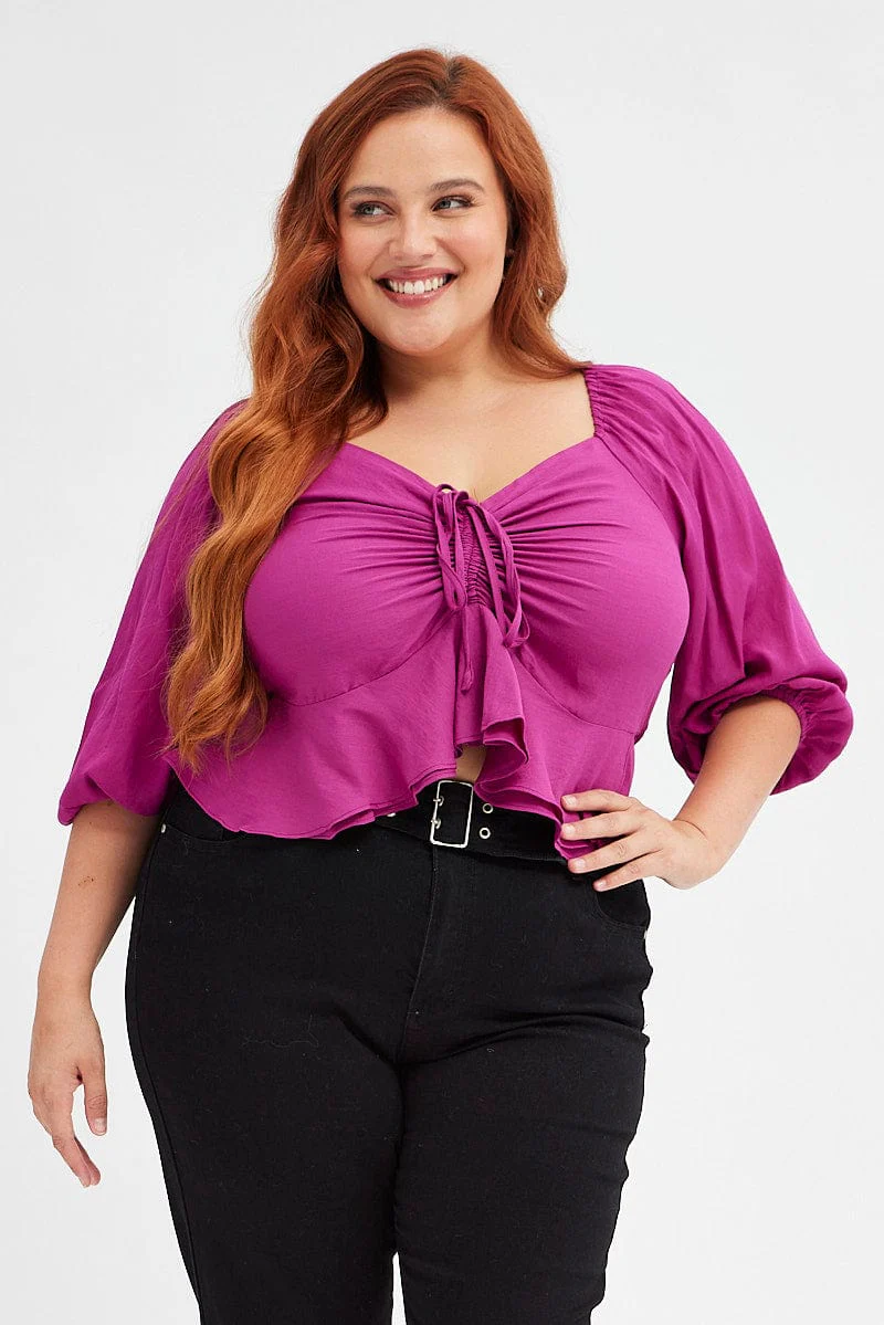 Purple Peplum Top Three Quater Sleevec Ruched - Image 3