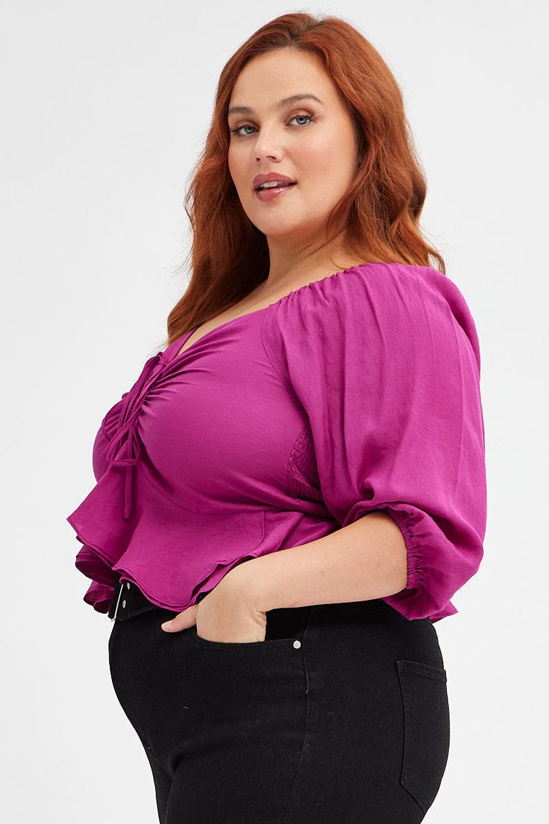 Purple Peplum Top Three Quater Sleevec Ruched - Image 4