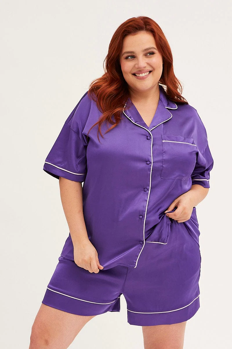 Purple Pyjamas Set Short Sleeve Collared Shorts Satin - Image 3