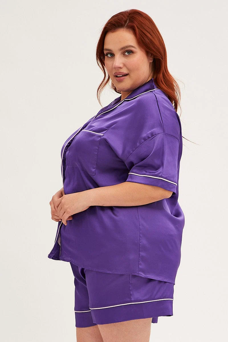 Purple Pyjamas Set Short Sleeve Collared Shorts Satin - Image 4