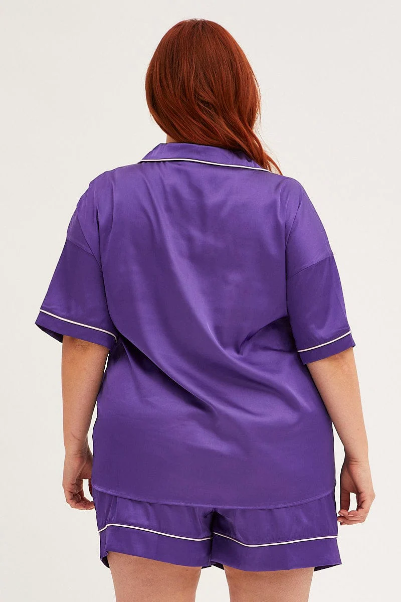 Purple Pyjamas Set Short Sleeve Collared Shorts Satin - Image 5