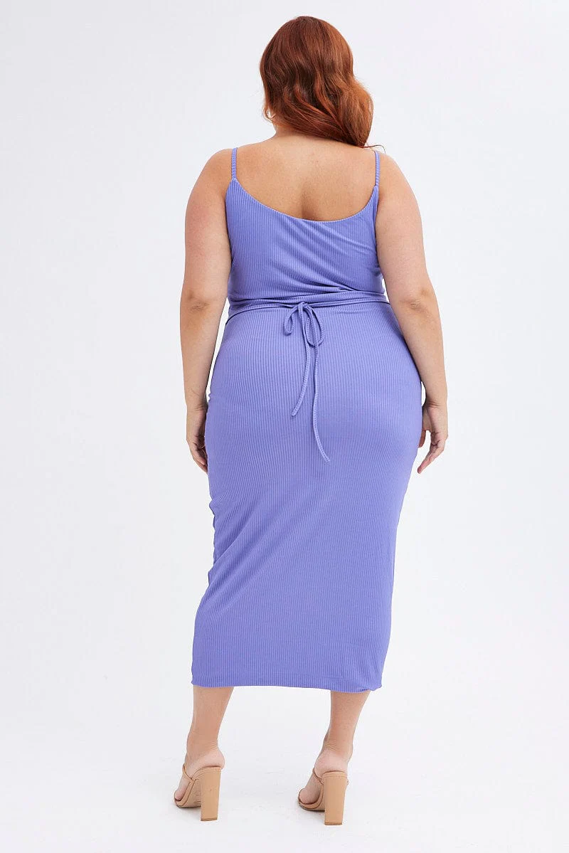 Purple Rib Jersey Midi Dress Tie Waist - Image 5