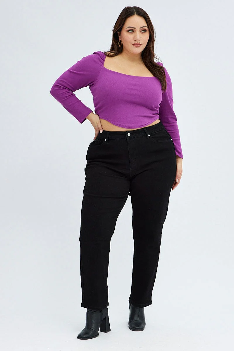 Purple Rib Top Corset Style Long Sleeve Square Neck - Image 2