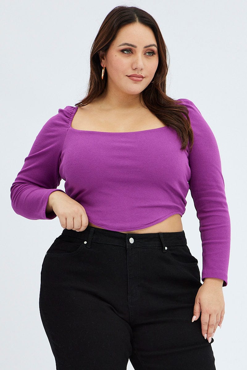 Purple Rib Top Corset Style Long Sleeve Square Neck - Image 3