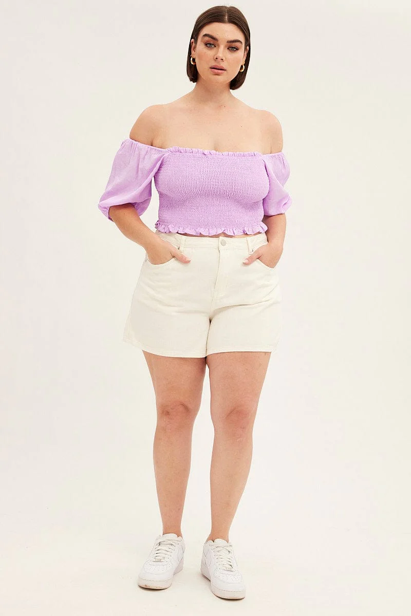Purple Shirred Short Sleeve Crop Top - Image 2