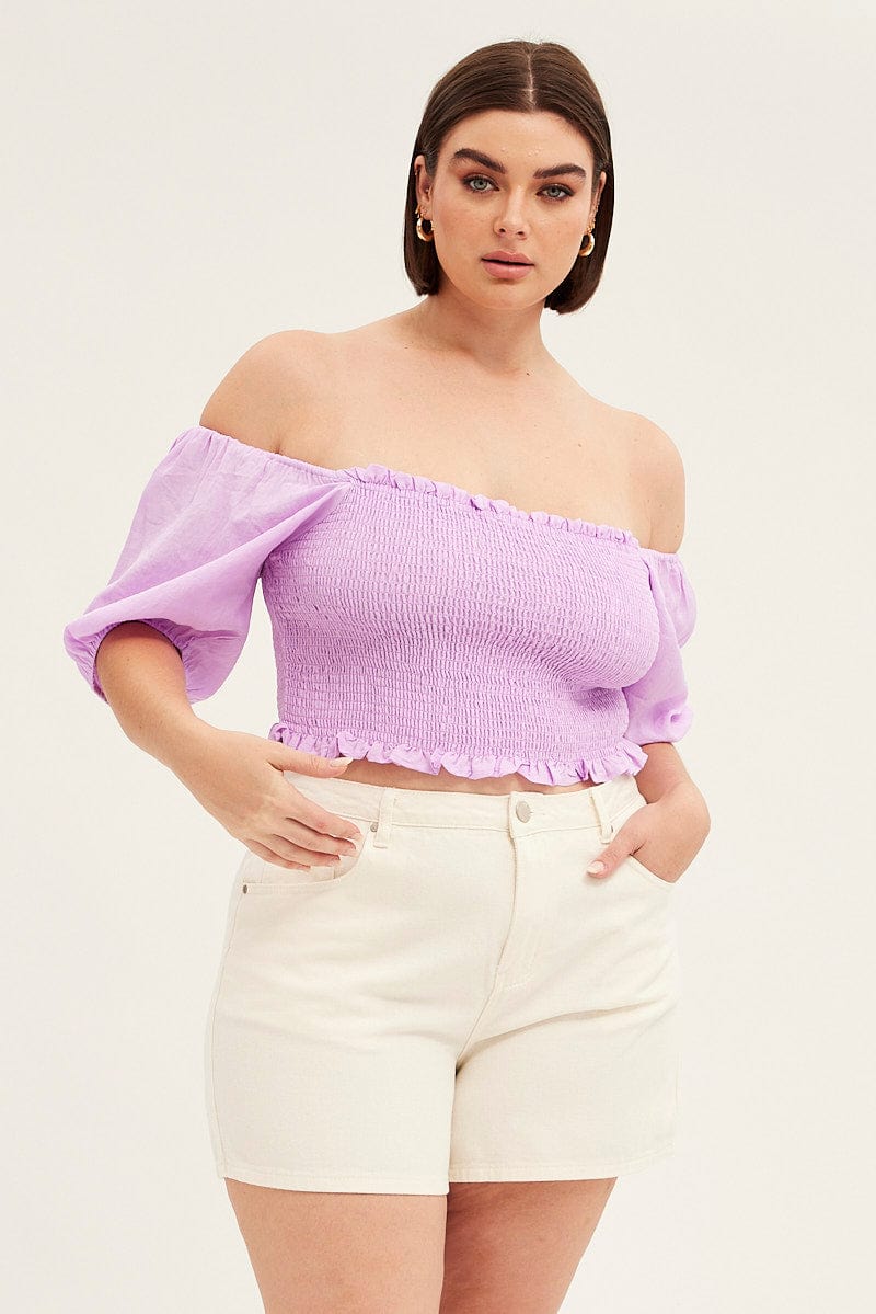 Purple Shirred Short Sleeve Crop Top - Image 3