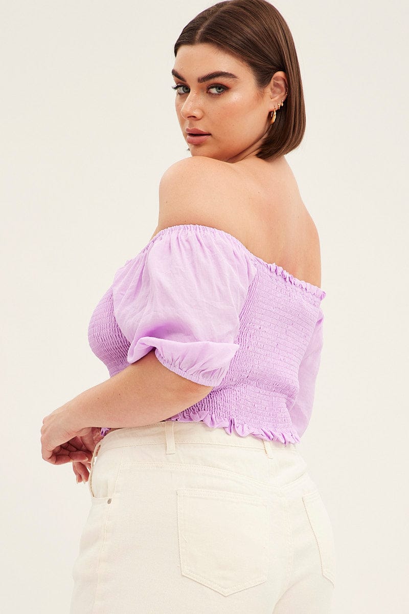 Purple Shirred Short Sleeve Crop Top - Image 4