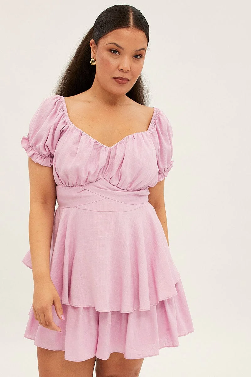 Purple Short Playsuit Puff Sleeve Linen Blend - Image 3