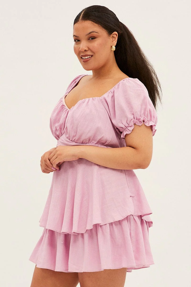 Purple Short Playsuit Puff Sleeve Linen Blend - Image 4