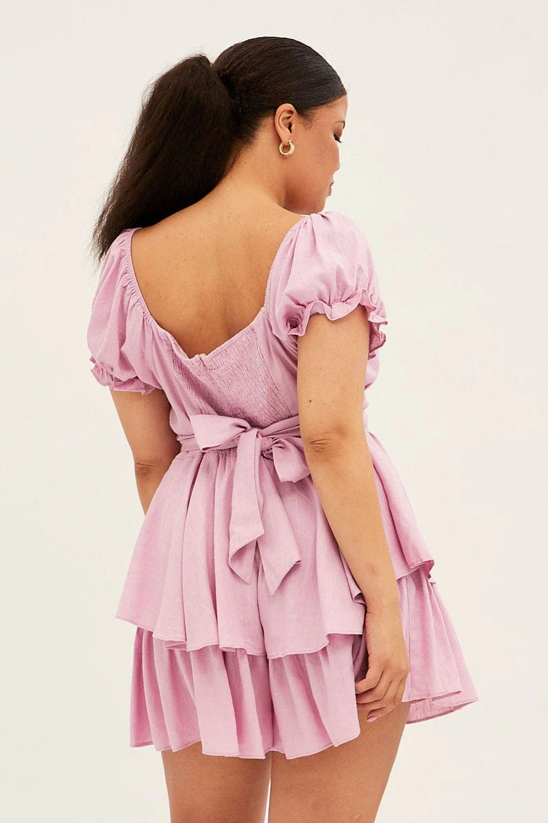 Purple Short Playsuit Puff Sleeve Linen Blend - Image 5