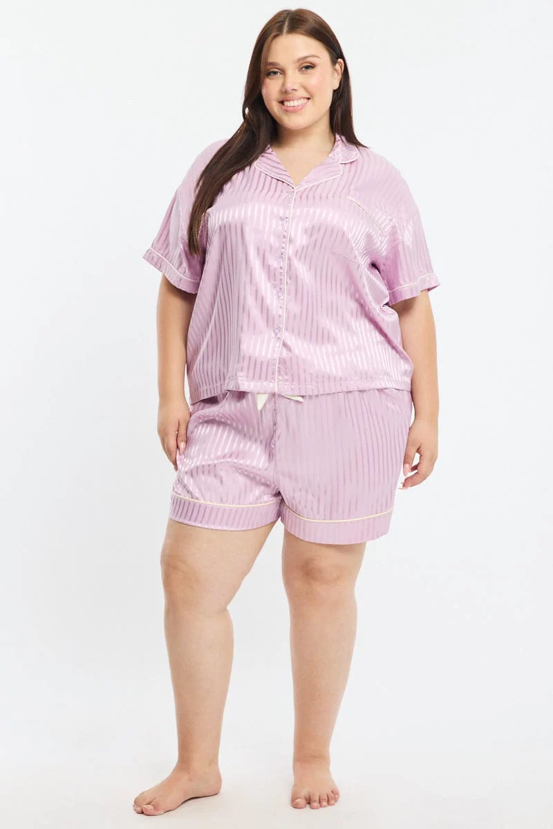 Purple Stripe Pyjamas Set Short Sleeve Satin Jacquard