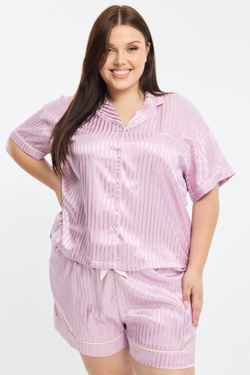 Purple Stripe Pyjamas Set Short Sleeve Satin Jacquard - Image 2