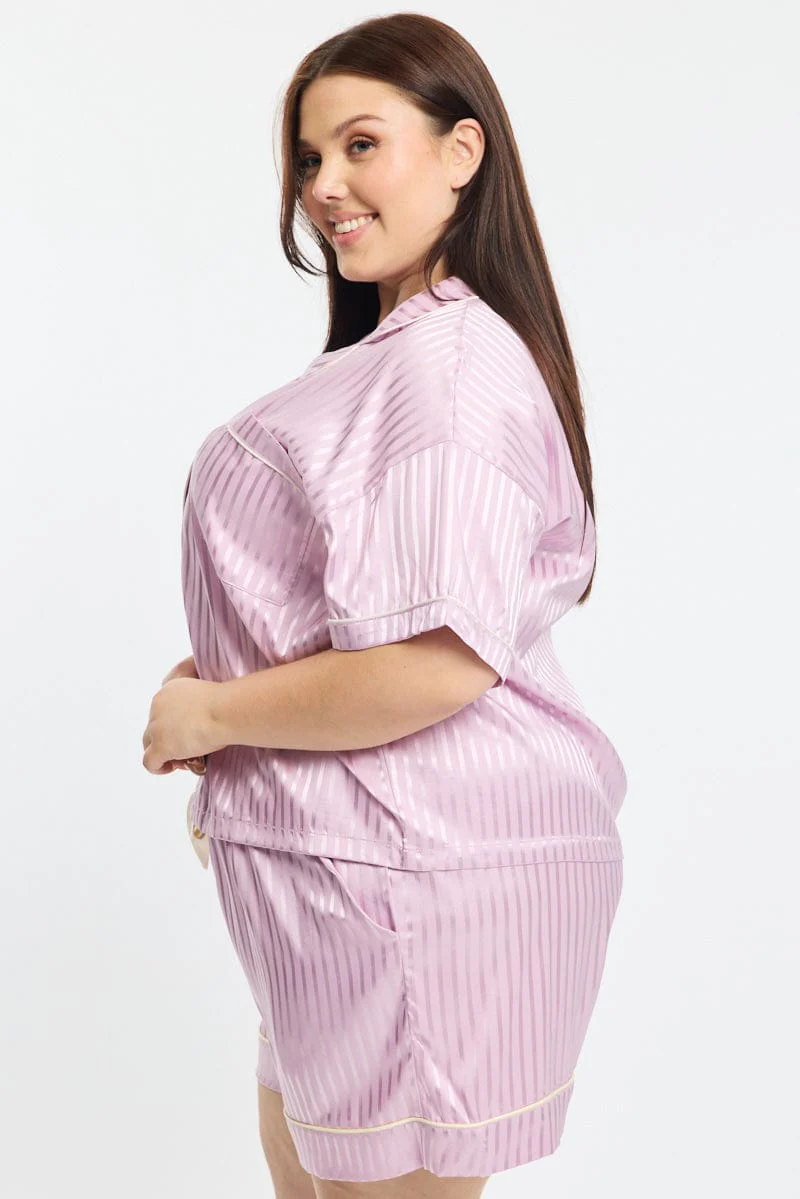 Purple Stripe Pyjamas Set Short Sleeve Satin Jacquard - Image 3