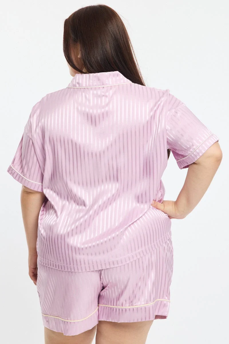 Purple Stripe Pyjamas Set Short Sleeve Satin Jacquard - Image 4
