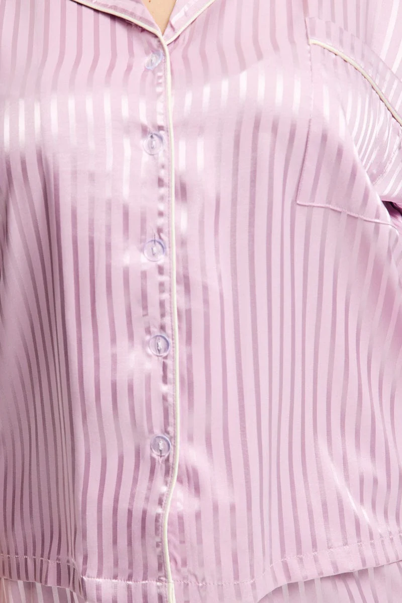 Purple Stripe Pyjamas Set Short Sleeve Satin Jacquard - Image 5