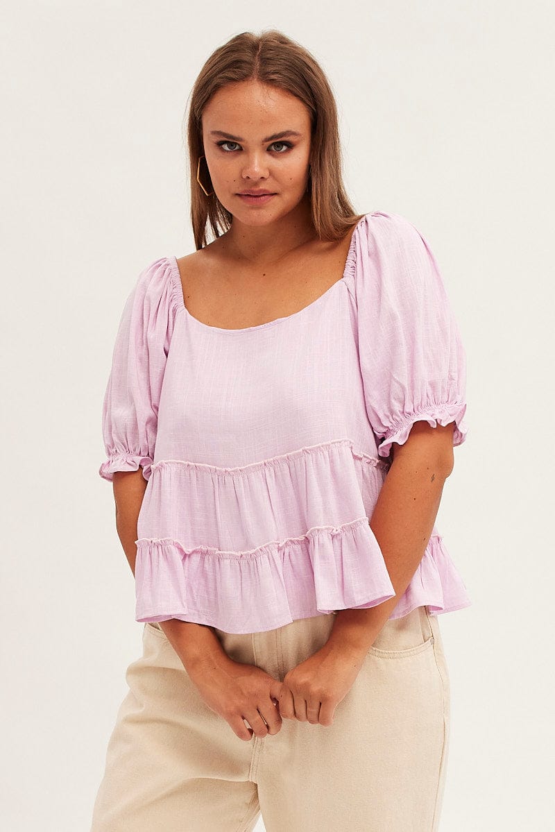 Purple Tiered Top Short Sleeve Relaxed Linen Blend - Image 3