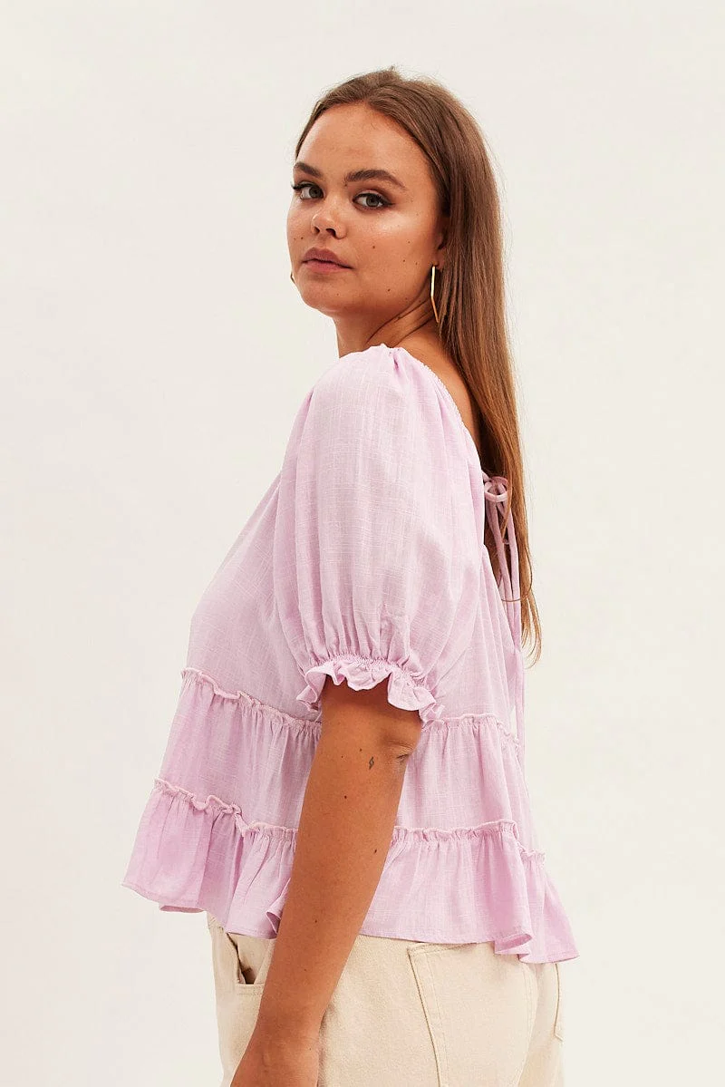 Purple Tiered Top Short Sleeve Relaxed Linen Blend - Image 4