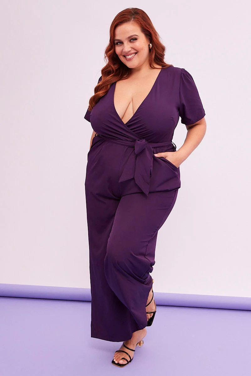 Purple Wideleg Jumpsuit Short Sleeve Wrapover Front