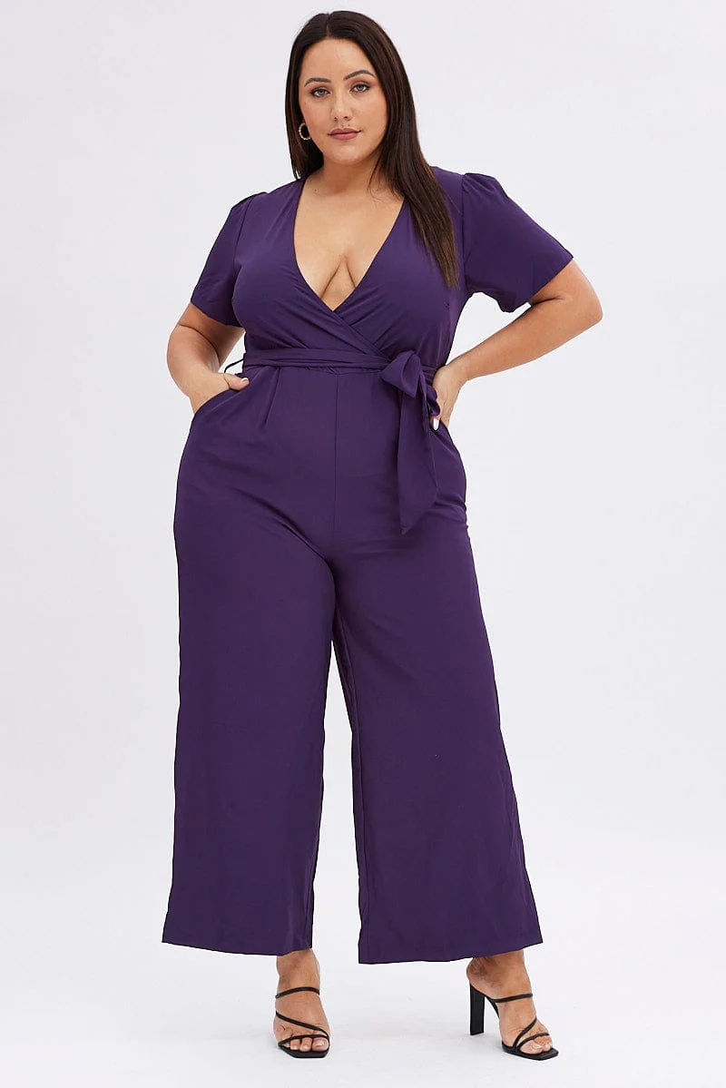Purple Wideleg Jumpsuit Short Sleeve Wrapover Front - Image 2