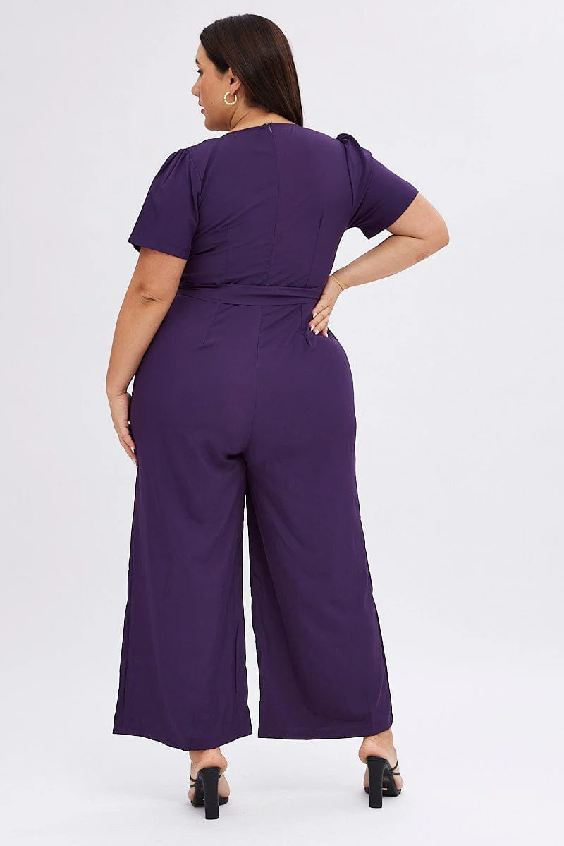 Purple Wideleg Jumpsuit Short Sleeve Wrapover Front - Image 6