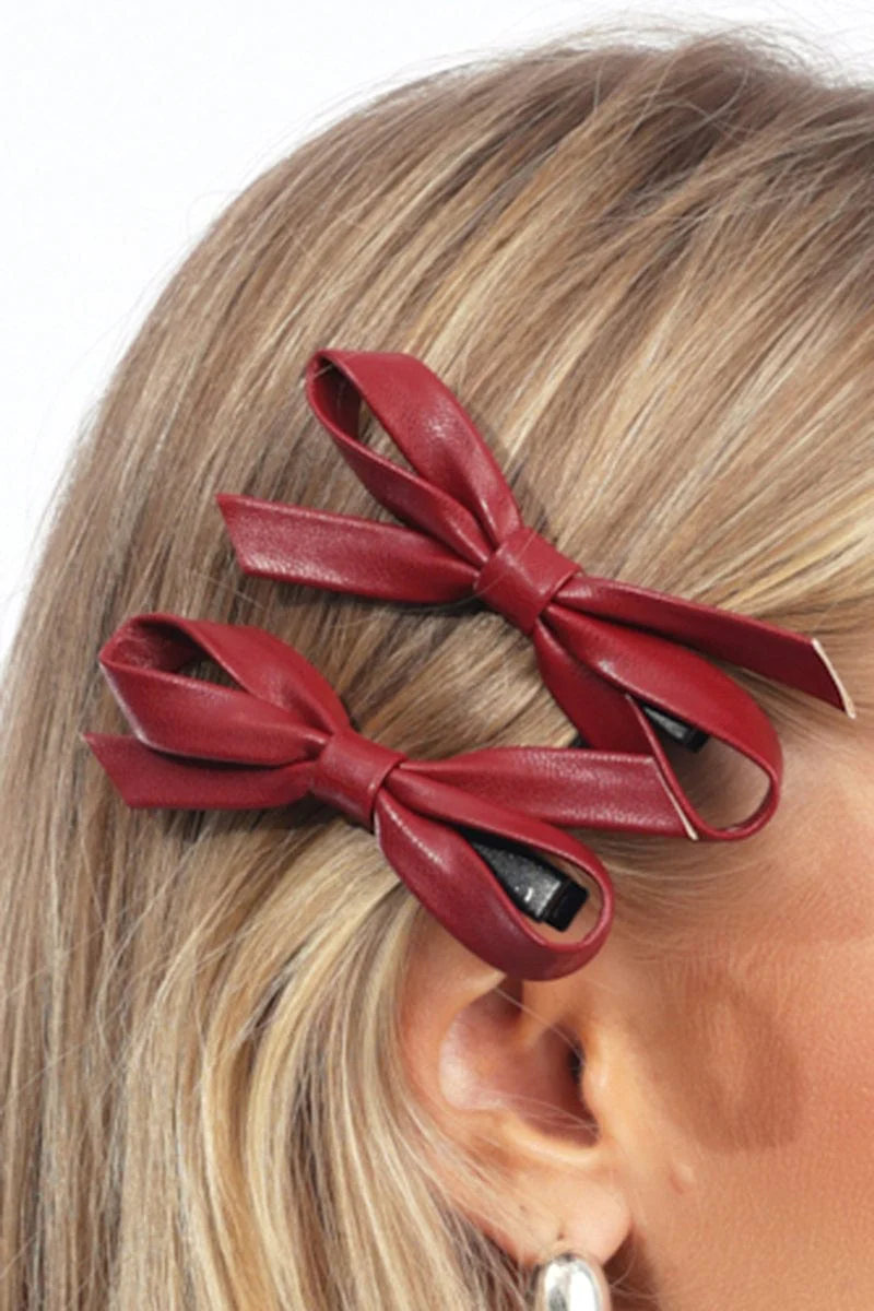 Red 2 Pack Pu Bow Hair Clips