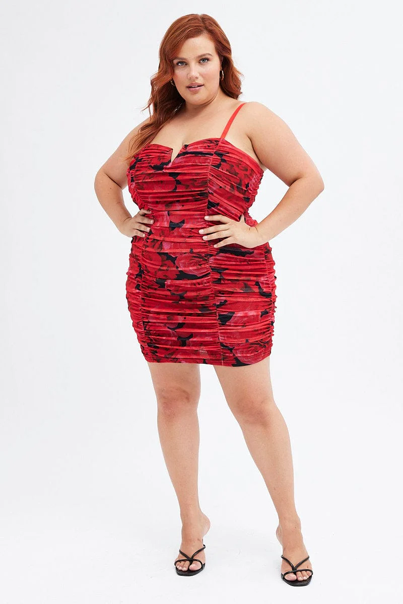 Red Abstract Bodycon Dress Sleeveless Ruched Mesh - Image 2