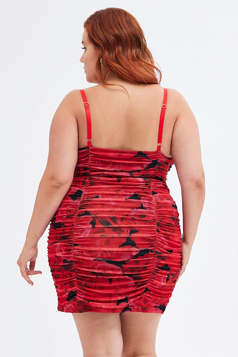 Red Abstract Bodycon Dress Sleeveless Ruched Mesh - Image 4