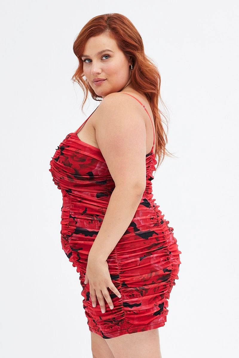 Red Abstract Bodycon Dress Sleeveless Ruched Mesh - Image 5