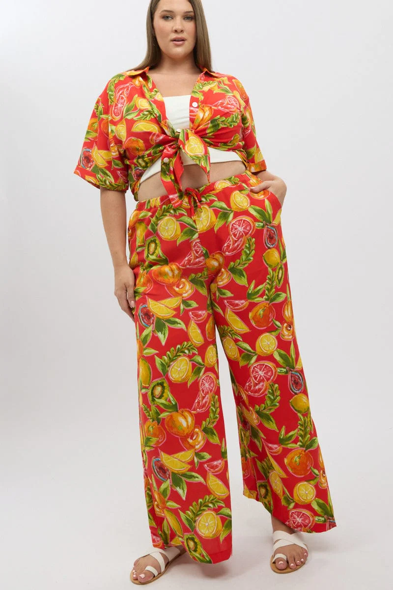 Red Abstract Elastic Waist Wide Leg Pants - Image 3