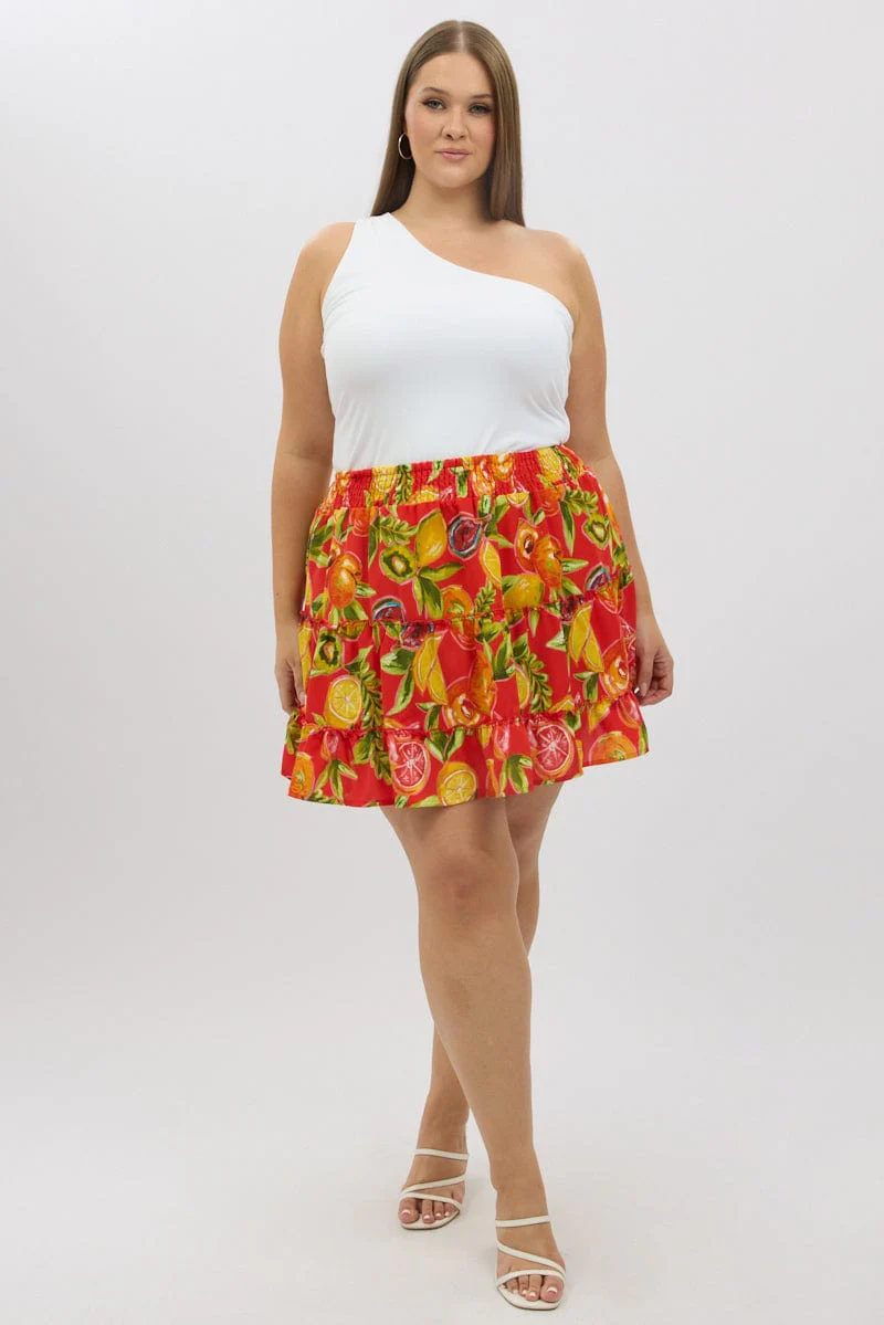 Red Abstract Holiday Fruit Print Mini Skirt - Image 2