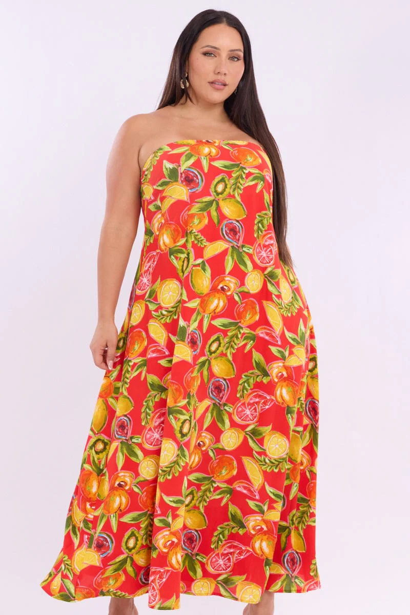 Red Abstract Maxi Dress Strapless - Image 3