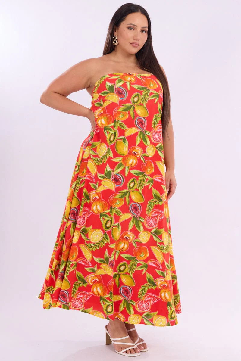 Red Abstract Maxi Dress Strapless - Image 4