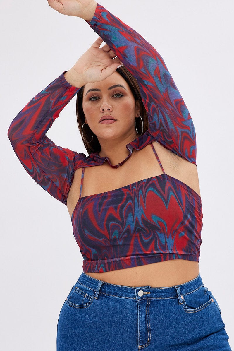 Red Abstract Mesh Top With Shrug - Image 2
