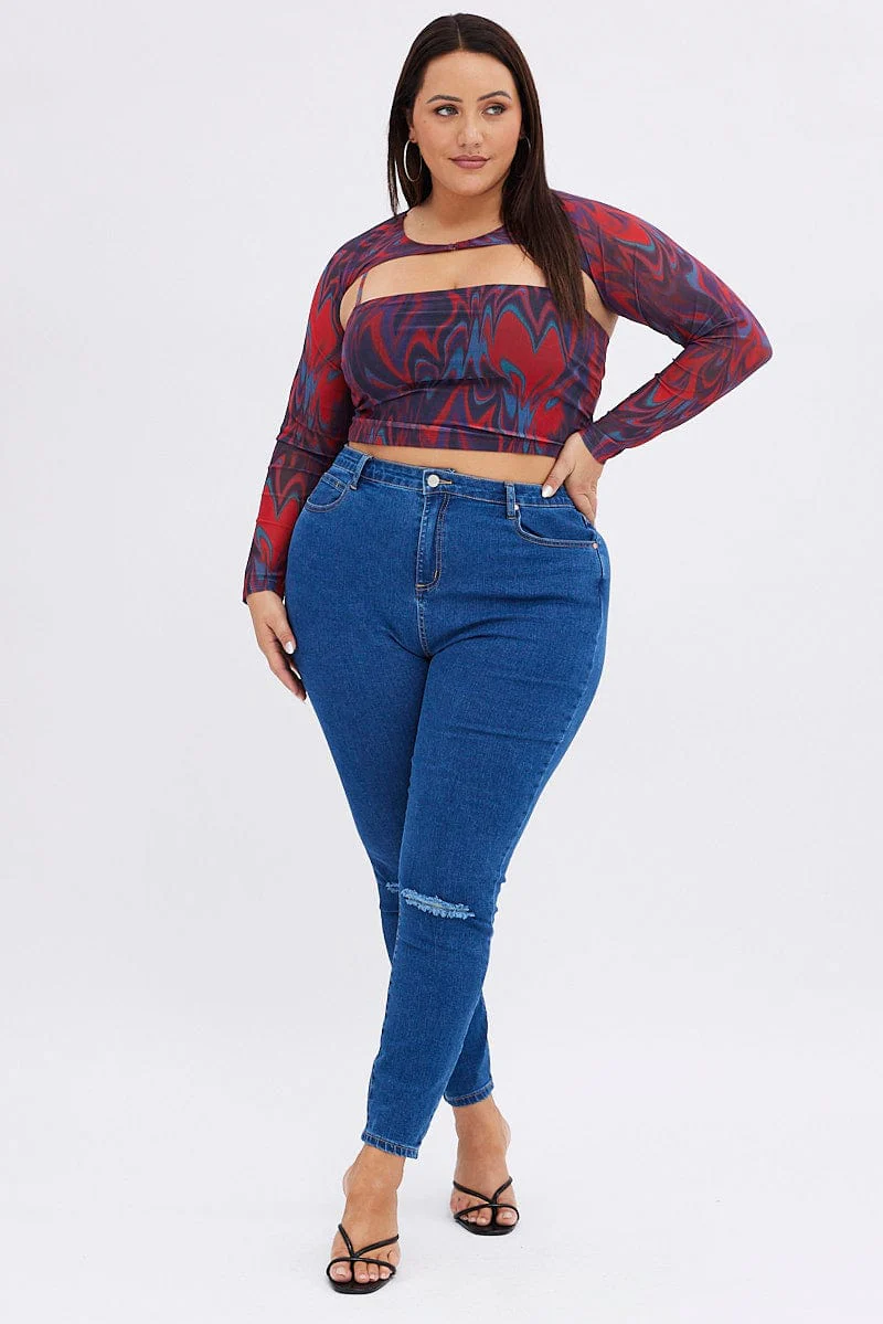 Red Abstract Mesh Top With Shrug - Image 3
