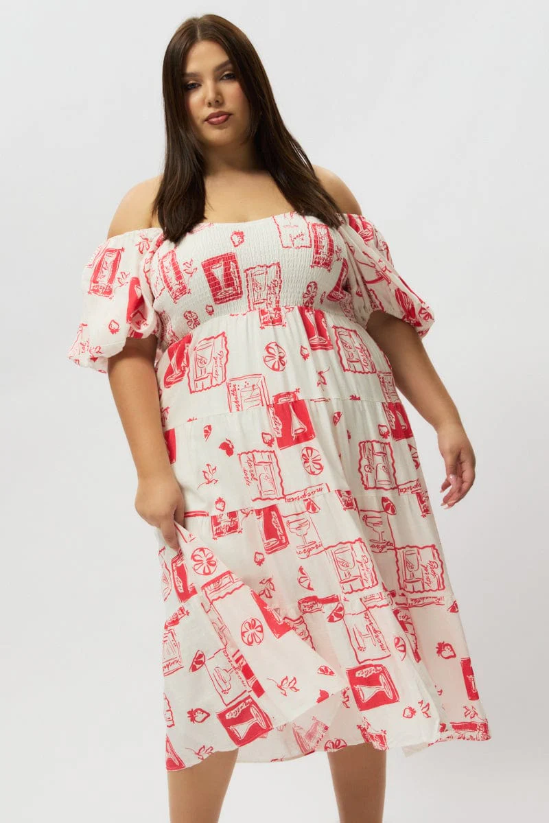 Red Abstract Midi Dress Short Sleeve Tiered Linen Blend - Image 3