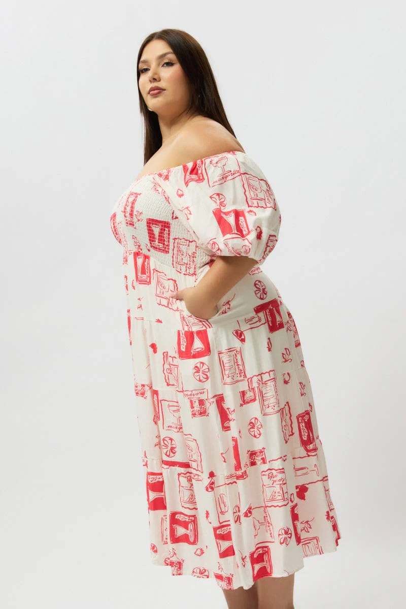 Red Abstract Midi Dress Short Sleeve Tiered Linen Blend - Image 4