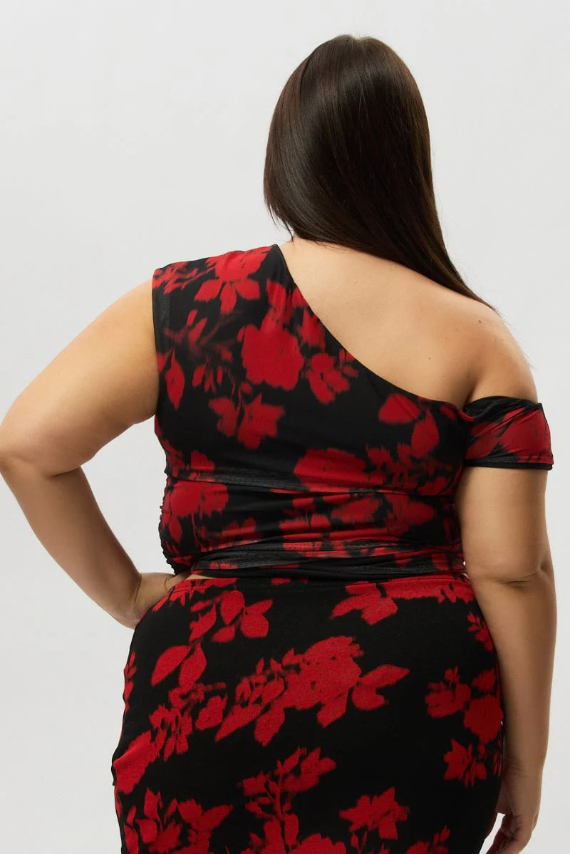 Red Abstract One Shoulder Top Short Sleeve Mesh - Image 5