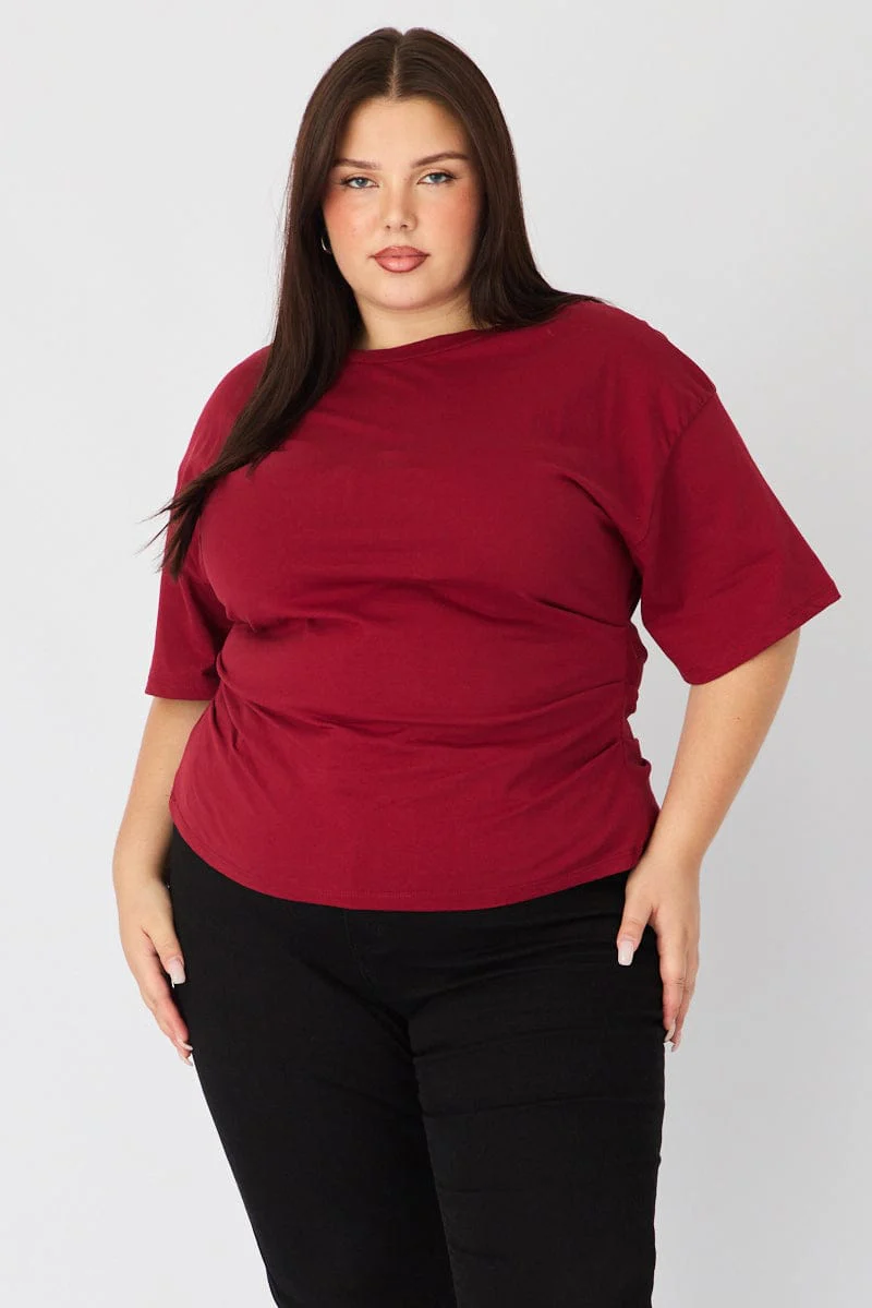 Red Bat Wing Top Short Sleeve Side Ruched - Image 3