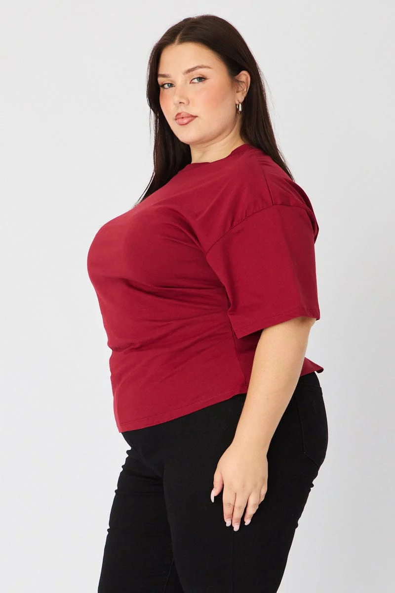 Red Bat Wing Top Short Sleeve Side Ruched - Image 4
