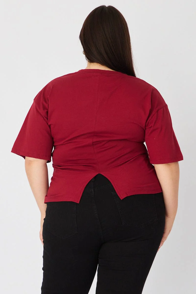 Red Bat Wing Top Short Sleeve Side Ruched - Image 5