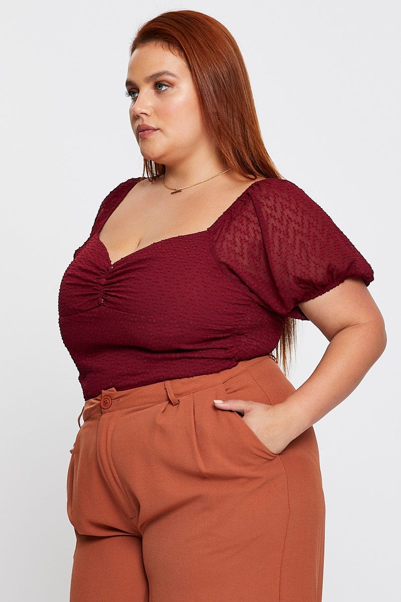 Red Bodysuit Short Sleeve Textured Gathered Bust - Image 4