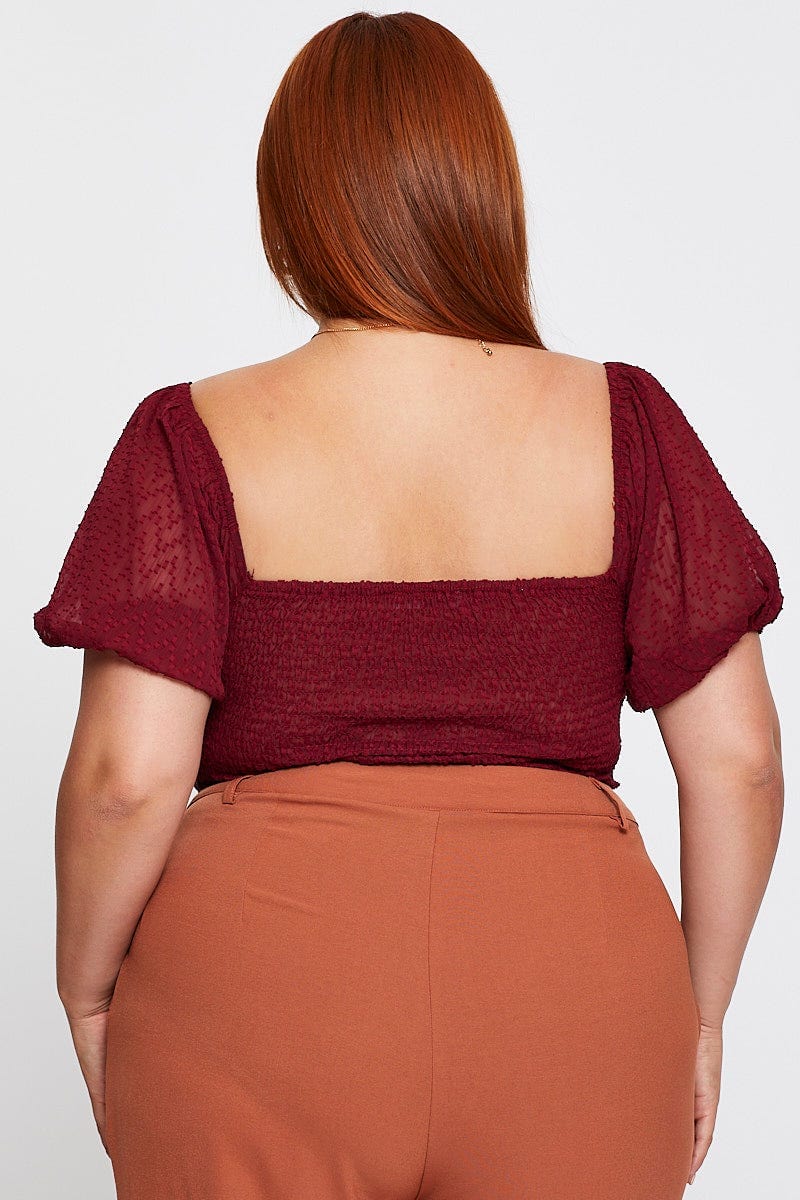 Red Bodysuit Short Sleeve Textured Gathered Bust - Image 5