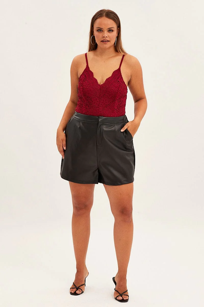 Red Bodysuit V Scalloped Neck Strappy Lace - Image 3