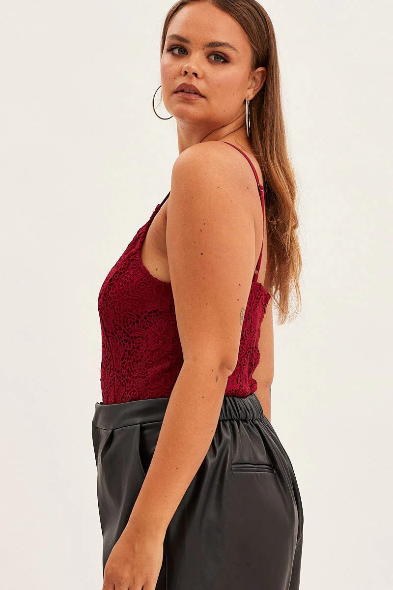 Red Bodysuit V Scalloped Neck Strappy Lace - Image 4