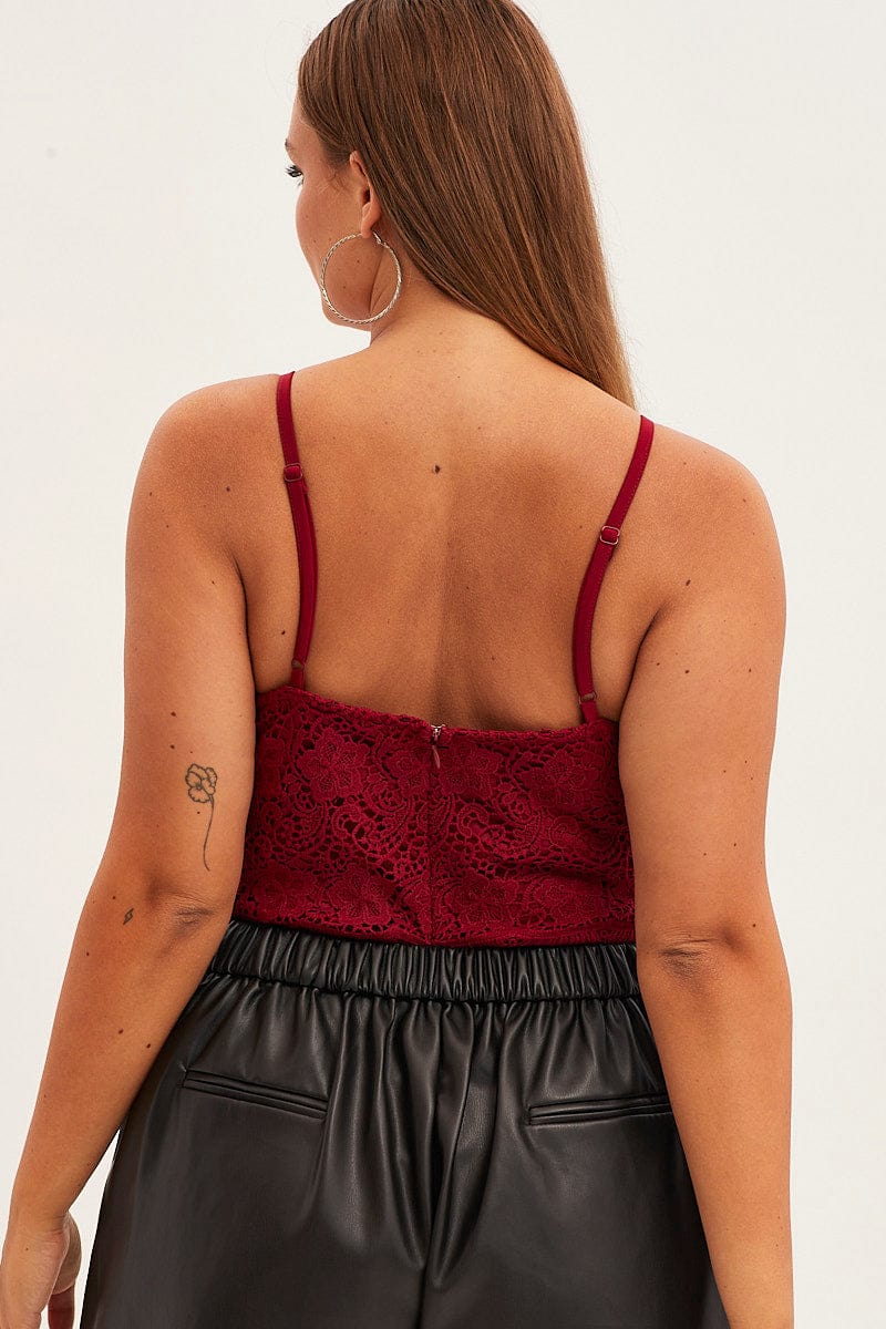 Red Bodysuit V Scalloped Neck Strappy Lace - Image 5