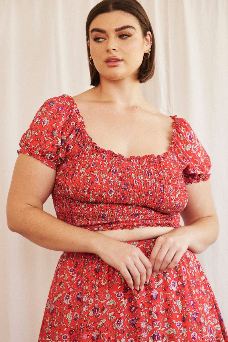 Red Boho Crop Top Short Sleeve Shirred